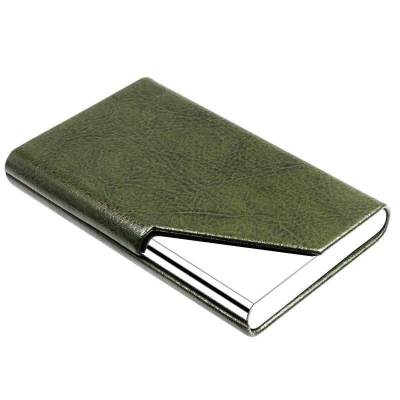Padike Business Card Holder, Leather Business Card Case Pocket Card Holders for Men or Women, Metal Slim Name Card Holder RFID Blocking Business Card Carrier with Magnetic Closure (Z-Olive Green) - Image 1